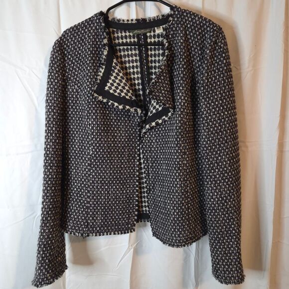 Eddie Bauer Blazer Women's M Wool Blend Black White Textured Open Front Jacket - Picture 2 of 9